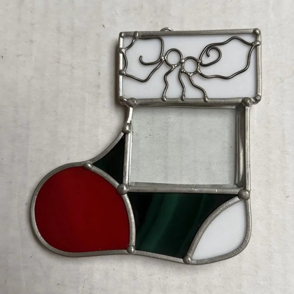 Stained Glass Suncatcher Ornament Christmas Stocking Window Photo Frame 4‎ In